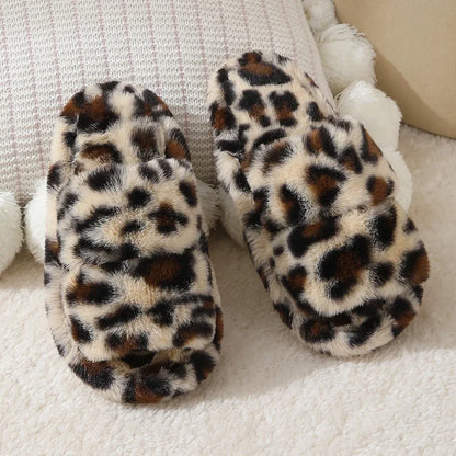 Leopard Pattern Plush Winter Slippers for Women Open Toe Soft Sole Fuzzy House Shoes Woman Indoor Comfort Warm Faux Fur Slippers