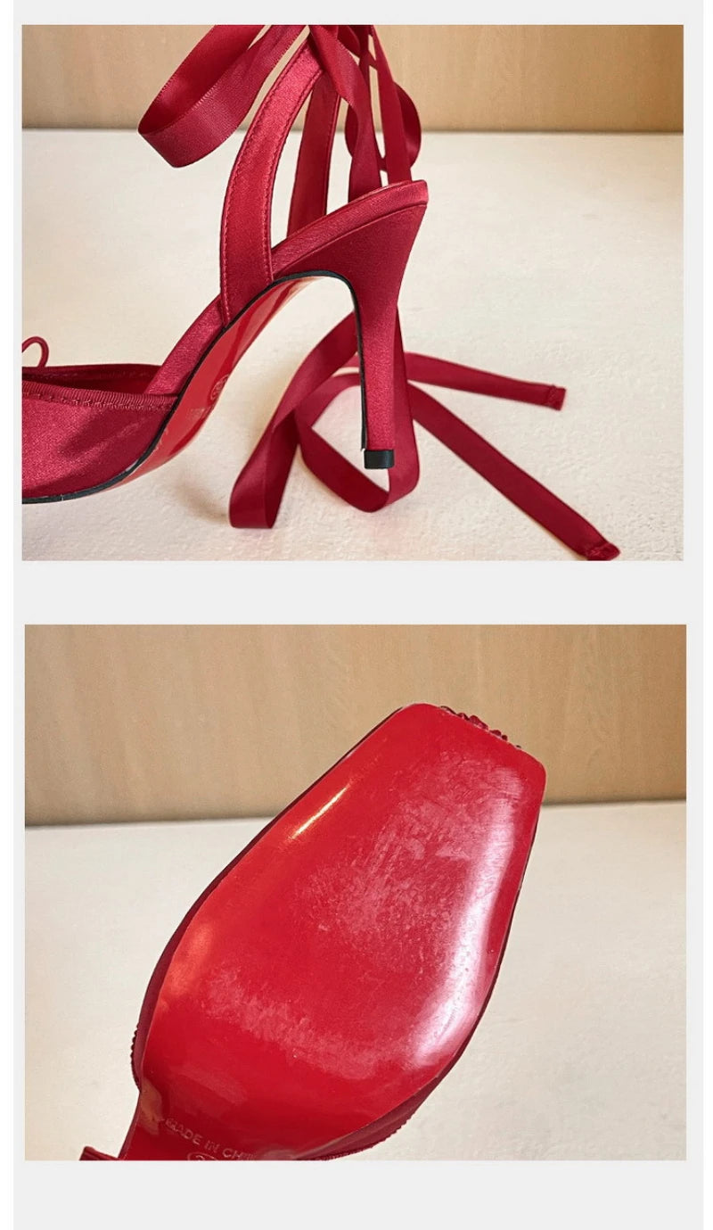 French Ballet Style Satin Closed Toe Mary Jane Pumps Lace Upper Multi-Layer Bow Cross Ankle Strap Thin Stiletto Elegant Wedding