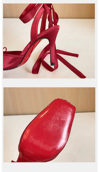 French Ballet Style Satin Closed Toe Mary Jane Pumps Lace Upper Multi-Layer Bow Cross Ankle Strap Thin Stiletto Elegant Wedding