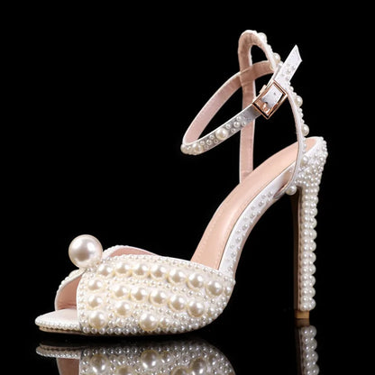 Luxury Handmade Pearl Peep Toe Women Sandals Fashion Summer Wedding Princess Thin High heels Elegant Party Prom Bridal Shoes