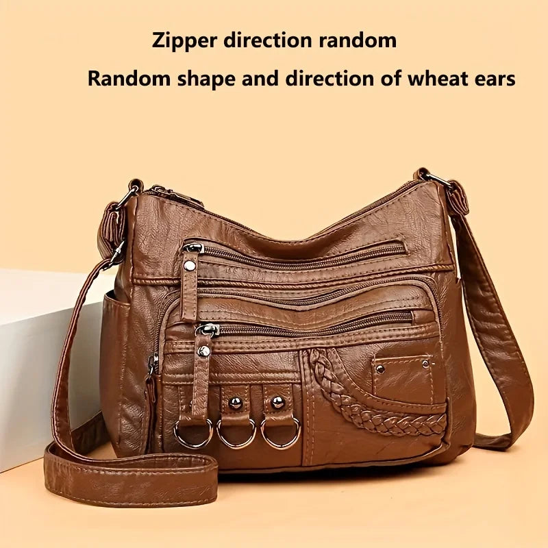 Vintage PU Crossbody Bag, Retro Multi Layer Shoulder Bag, Women's Fashion Handbag & Purse, Female Work Travel Messenger Bag