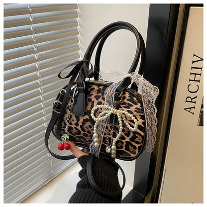 Vintage Leopard Pu Shoulder Bags for Women Portable Trendy Ladies Crossbody Bag Lace Pearl Pendant Female Bowling Handbags