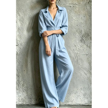 Fashion Lapel Shirt Long Sleeve Women's Jumpsuit Autumn Slim Waist Tie Loose Wide Leg Pants Pocket Female Office Rompers 2026