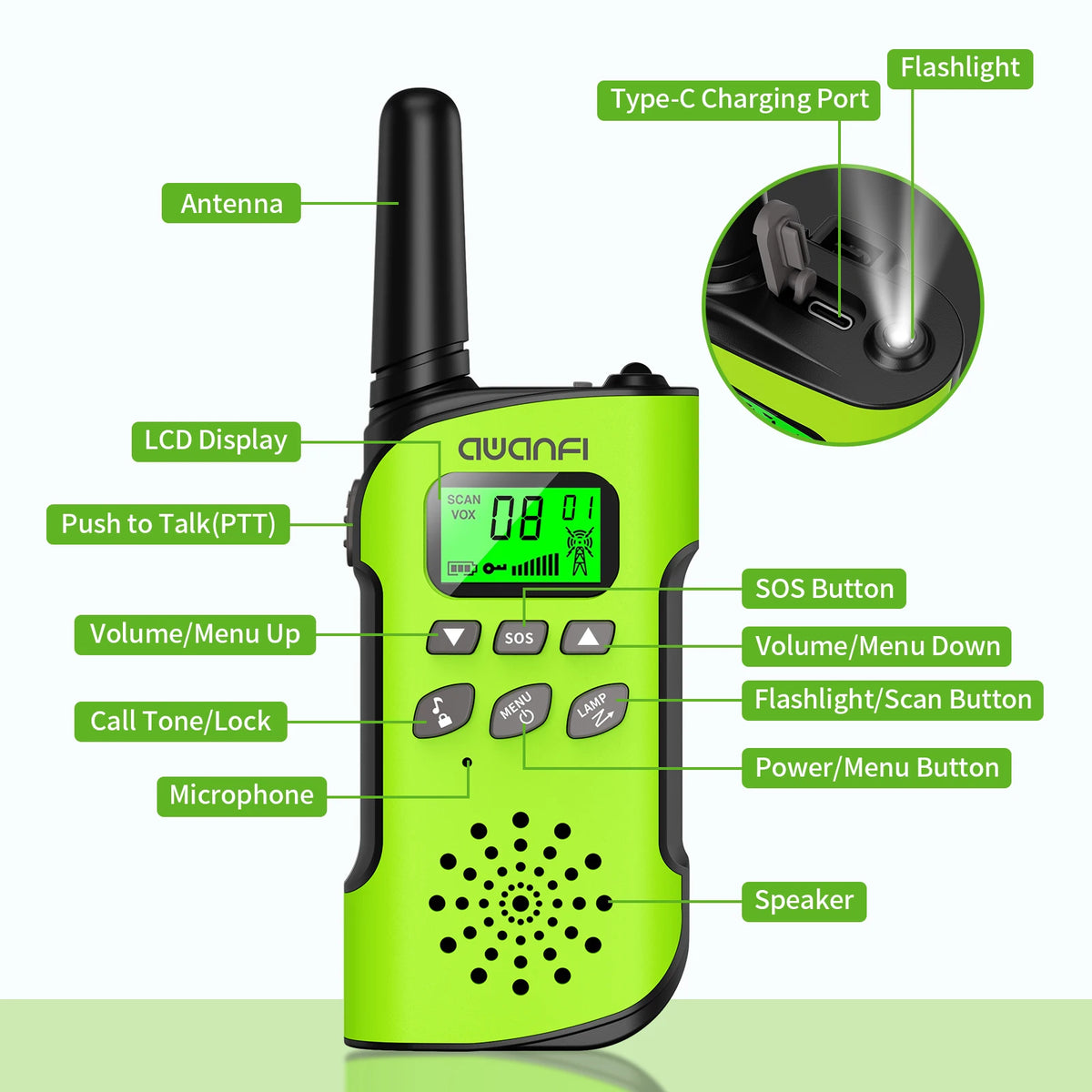 AWANFI Walkie Talkies 4 Packs Rechargeable  for kids, Long Range Flashlight 8 Channel, USB Type C for Camping, Hiking, Gifts