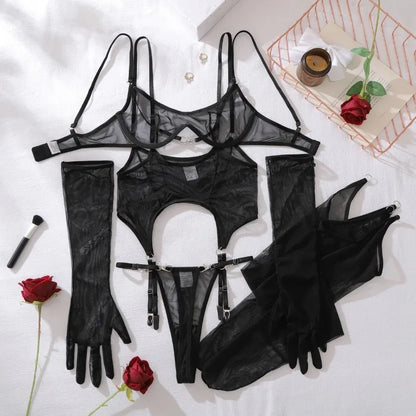 Solid Women's Lingerie Sets Seductive See Through Bra Belt Thong 3PC with glovs stockings Sissy Sexy Women's Underwear