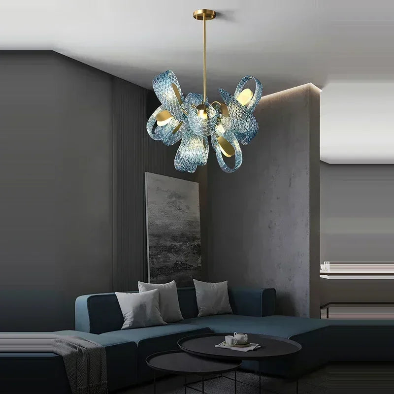 Modern Blue Glass Led Pendant Lamp Copper Designer Hanging Chandeliers for Living Room Bar Bedroom Suspension lustre Lights