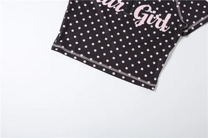 Kliou Polka Dot Print 2 Piece Set Woman Zip Turtleneck Short Sleeve Crop Tops+Skinny Shorts Street Sexy Fashion Style Outfits