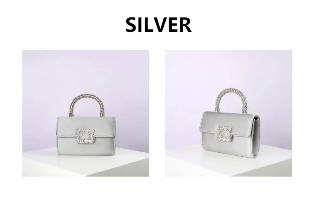 Rhinestone Faux Silk Emerald Evening Bag Silver Diamond Buckle Handle Fashion Handbags Elegant Ladies Square Bolsa Feminina