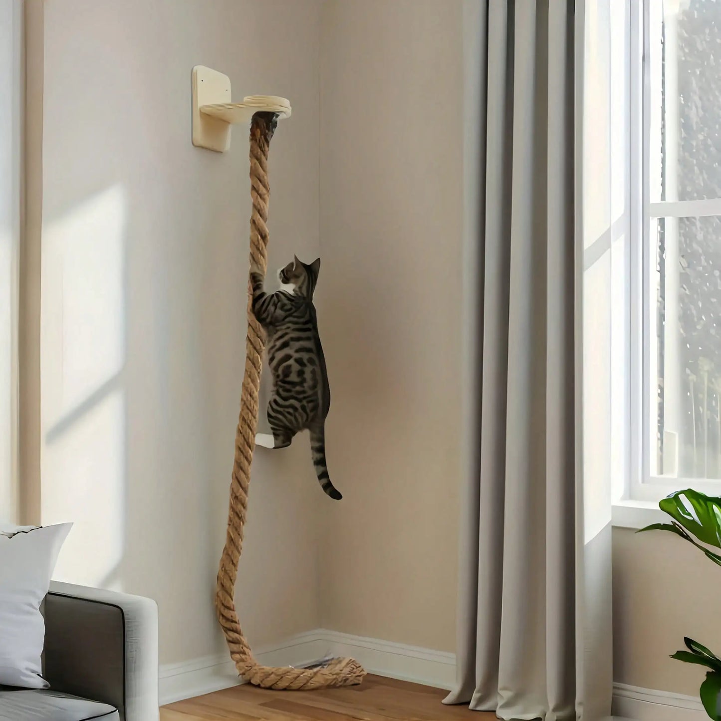 Wall Mounted Cat Sisal Rope Scratching Rope Wooden Cat Climbing Perch Heavy Duty Reinforced Cat Wall Furniture Chew Resistant Durable Cat Scratcher Toy For Indoor Cats
