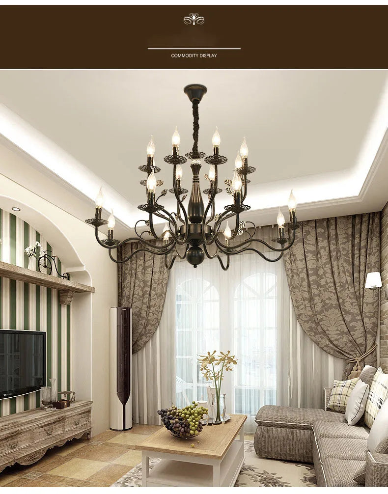 2022 modern black/gold wrought iron candle light retro Europe and America 6 12 16 lights chandelier dining room chandelier