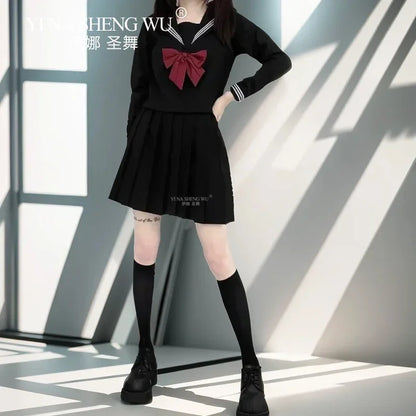 Basic Style Japanese Korean School Uniform College High School Student Uniforms Sailor Cosplay Costumes Black Top Pleated Skirt