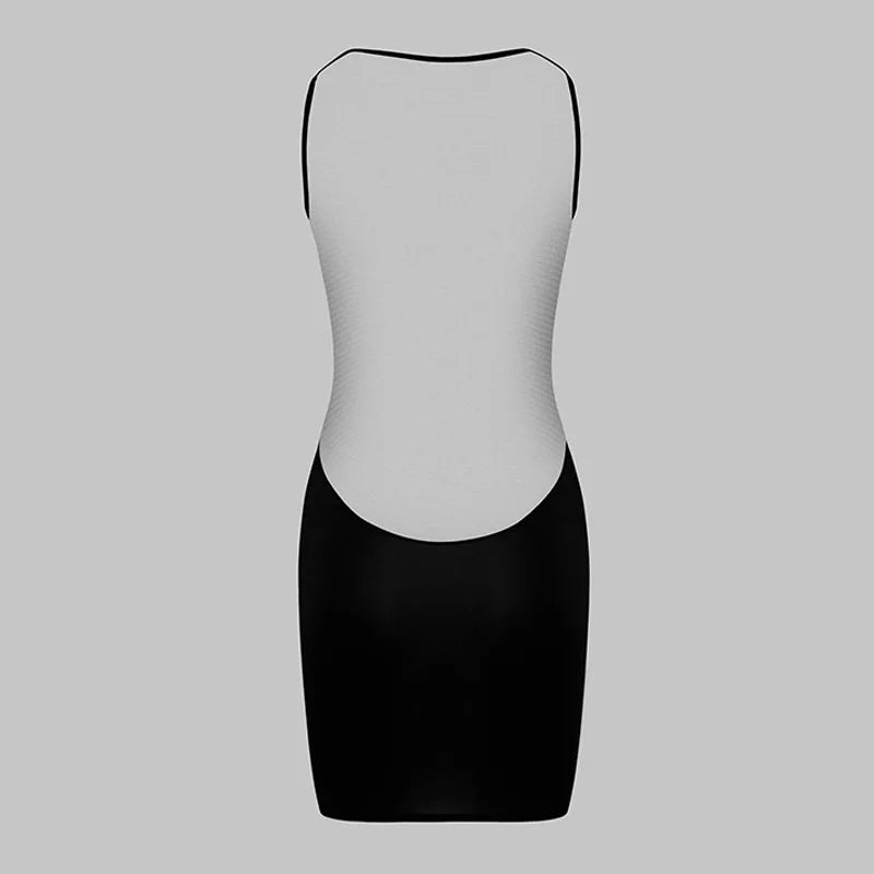 Y2K E-Girl Mesh Panel Plunge V Neck Bodycon Mini Dress Women Black Sleeveless Clubwear