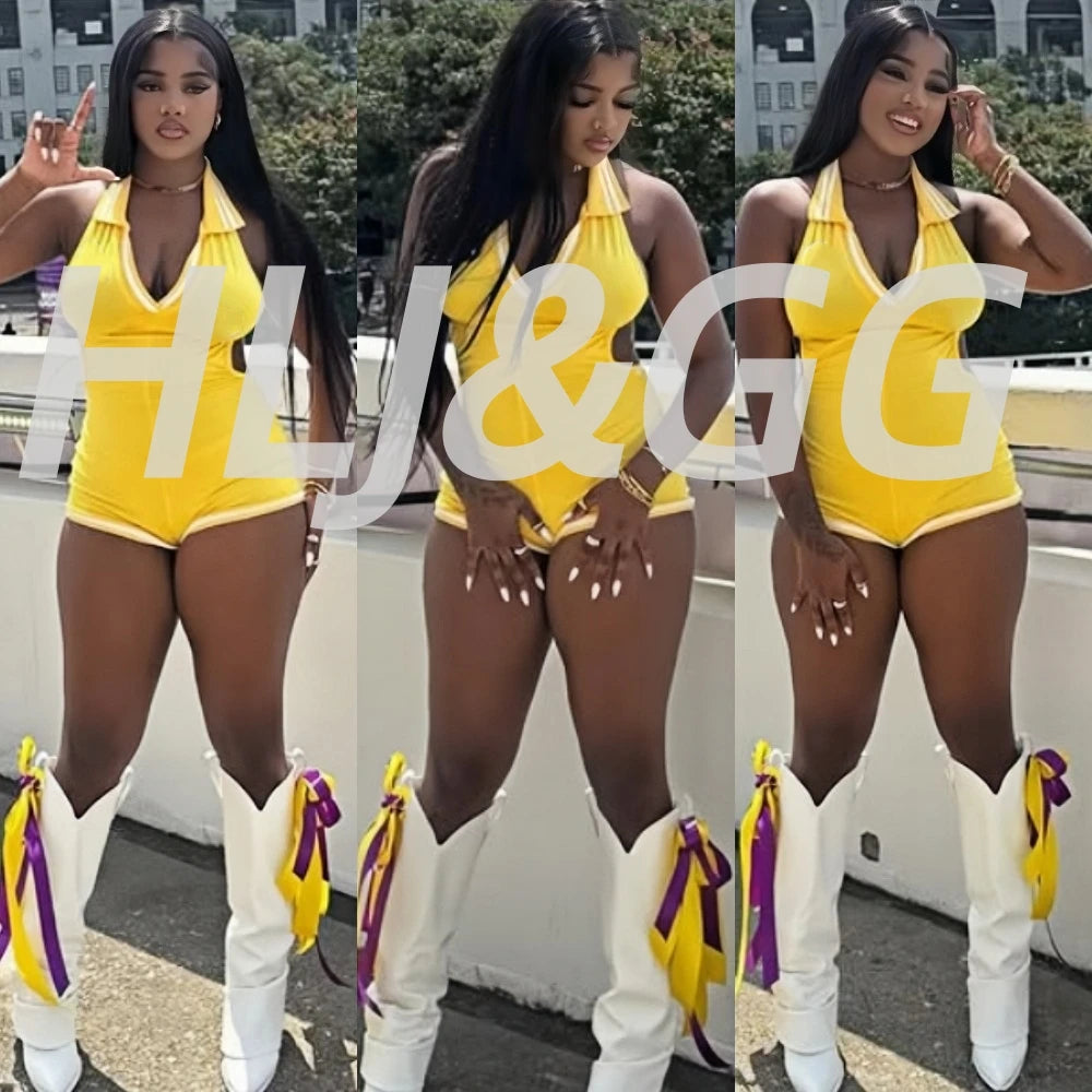 HLJ&GG Summer New Stripe Halter Lapel One Piece Rompers Women Sleeveless Backless Bodycon Jumpsuits Sexy Stretchy Overalls 2025