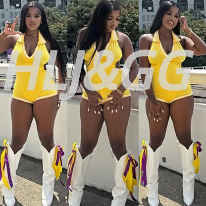 HLJ&GG Summer New Stripe Halter Lapel One Piece Rompers Women Sleeveless Backless Bodycon Jumpsuits Sexy Stretchy Overalls 2025