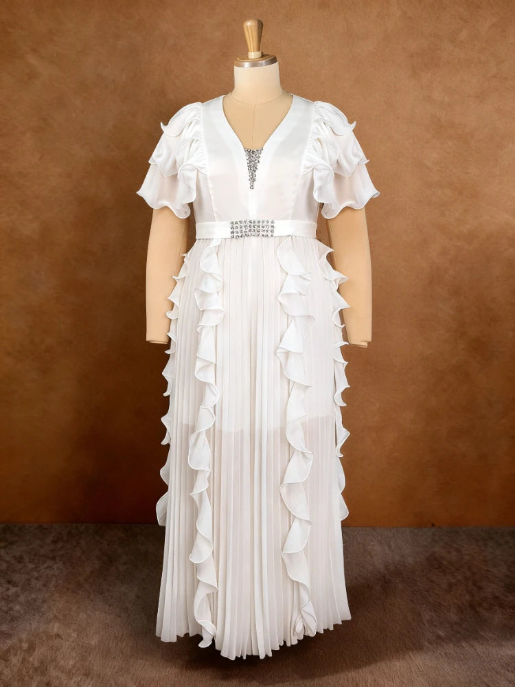 Elegant Women Wide Leg Pleated Jumpsuits V Neck Short Sleeve Ruffle Diamond Waist Belt Fashion African Female Evening Party Wear