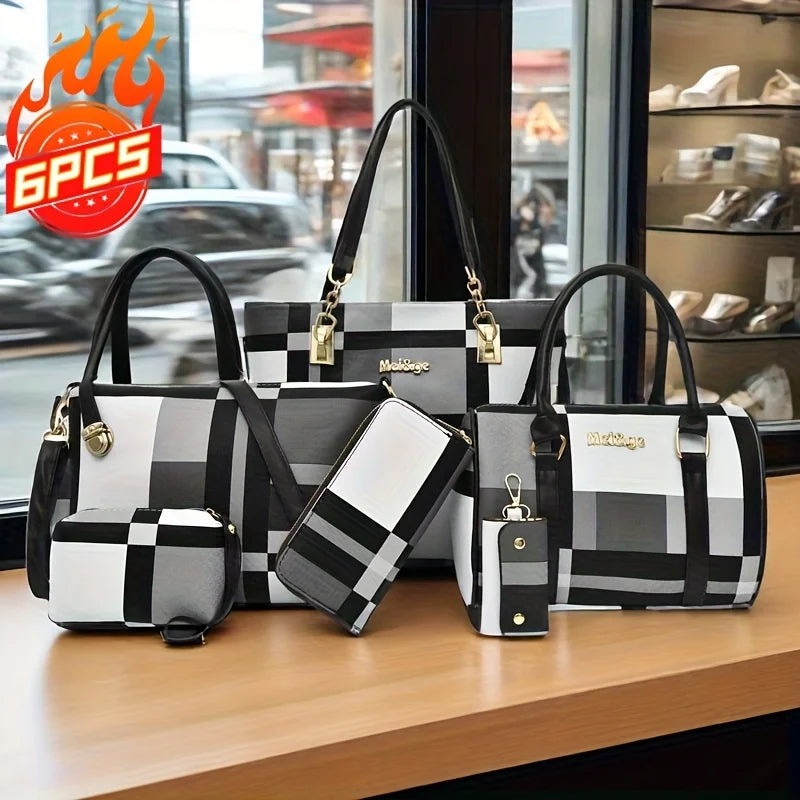 6 Pcs Women Plaid Handbag Set Fashion Checkered PU Leather Tote Shoulder Crossbody Bag Ladies Clutch Purse Card Coin Wallet Multi-piece Bag Set For Daily Shopping Party