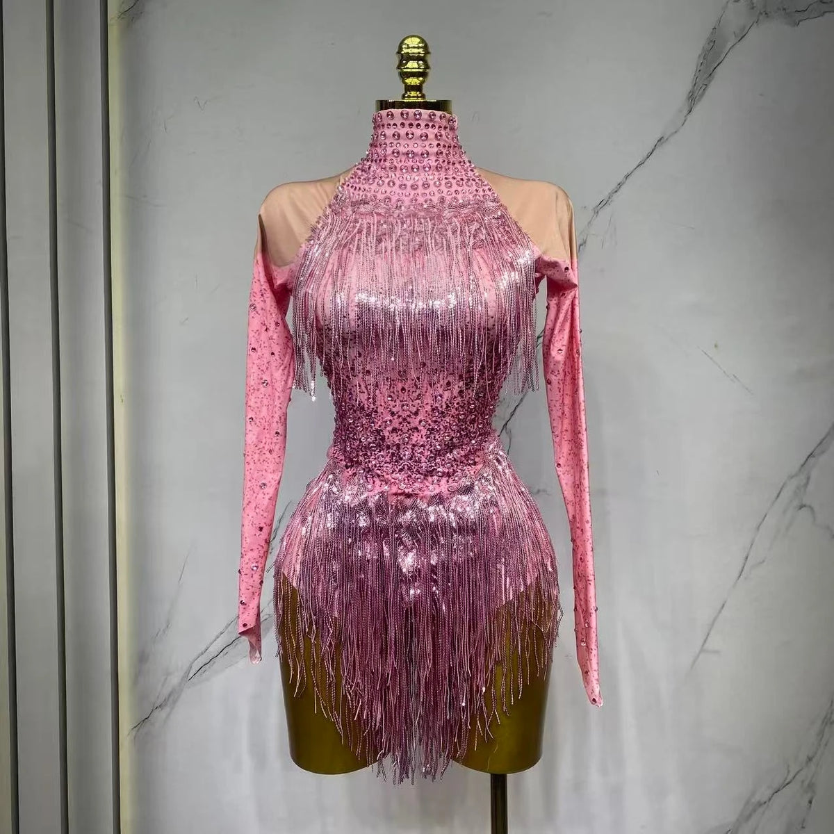 Sparkly Rhinestones Sequins Tassels Bodysuit for Women Sexy Performance Dance Costume Singer Dancer Leotard Show Stage Wear