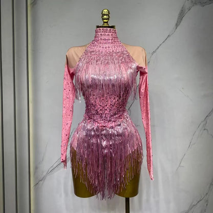 Sparkly Rhinestones Sequins Tassels Bodysuit for Women Sexy Performance Dance Costume Singer Dancer Leotard Show Stage Wear