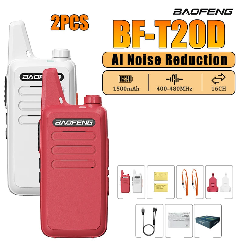 2/4PCS Baofeng BF-T20D Portable Walkie Talkie Type-C Charging 400-480Mhz AI Noise Reduction 16 Channels Mini Two Way Ham Radio