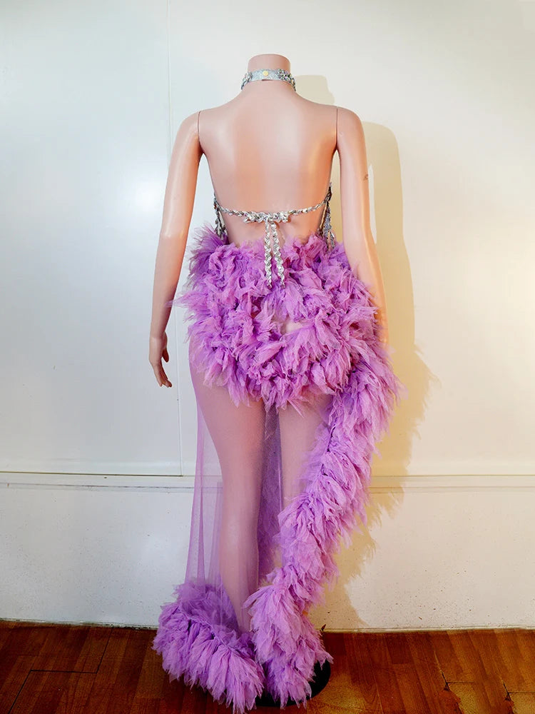Sexy Purple Neck Hanging Spider Web 2PCS Set Gauze See-through Dress Carnival Performance Singer Dance Costume Drag Queen Stage
