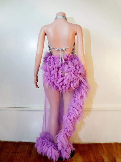 Sexy Purple Neck Hanging Spider Web 2PCS Set Gauze See-through Dress Carnival Performance Singer Dance Costume Drag Queen Stage