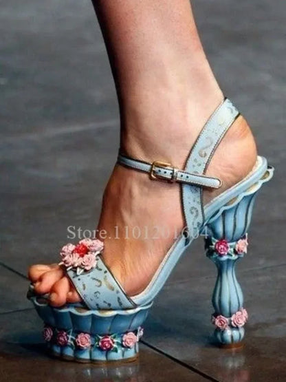 Cake Platform Palace Pink Open Sandals Women Flower Print Color Graffiti Heels Pillar Strange Style Sandals Round Slingback Shoe