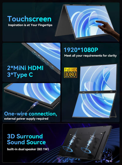 UStation Δ / Delta Plus Stacked Monitor Touchscreen Laptop Dual Screen Folding 18.5" W/ USB C Mini HDMI For PC Mac Phone Display