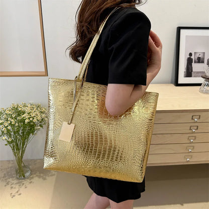 Fashion Casual Women Shoulder Bags Silver Gold Black Crocodile Handbag PU Leather Female Big Tote Bag Ladies Hand Bags Sac