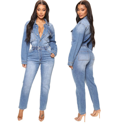 Women Autumn Turn Down Collar Loose One Piece Full Sleeve Tight High Waist Overalls Slim Denim Jumpsuits Long Pants Rompers