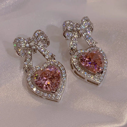 Exquisite Pink Heart Shape Bowknot Stud Earrings For Women Shining CZ Zircon Love Earring Wedding Party Temperament Jewelry