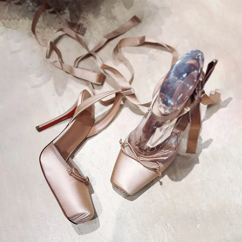 New 2026 Summer Women's Nude Satin Lace-Up Bow Heel Closed Square Toe Sandals Ballet Shoes Luxury Dress Slingback Ladies Pumps
