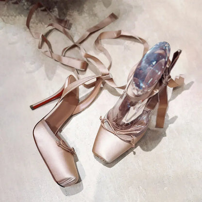 New 2026 Summer Women's Nude Satin Lace-Up Bow Heel Closed Square Toe Sandals Ballet Shoes Luxury Dress Slingback Ladies Pumps