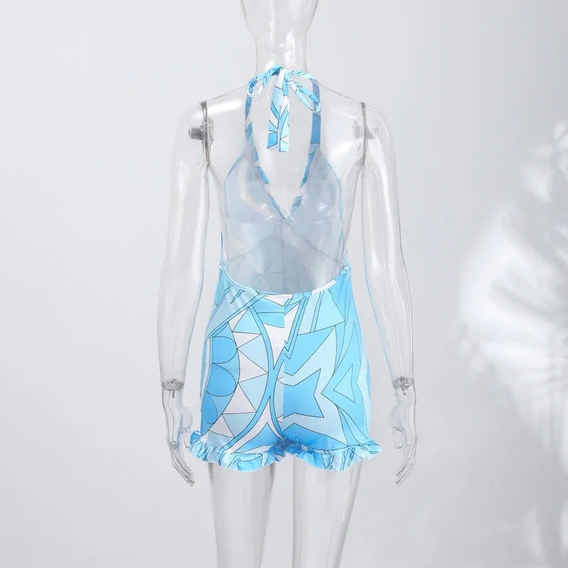 Summer Lady Geometry Printed Bodysuit Halter Sleeveless Backless Top Shorts Female One-piece Swimwear Women Vacation Beachwear