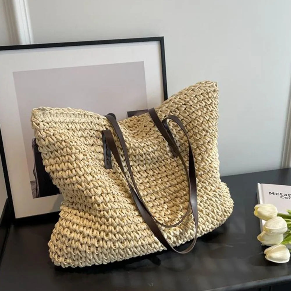 Luxury Shopping Beach Tote Bags Simple Style Large Capacity Woven Tote Bags
