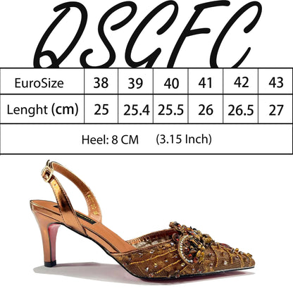 Queena Yan Elegant Mature Style Colorful Rhinestone Decoration Design Gold Party Wedding Pointed Toe Lady High Heels and Bag Set