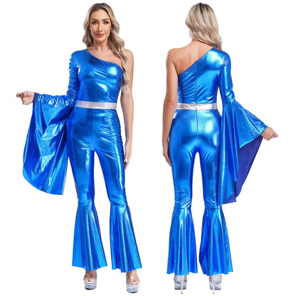 Women Metallic Shiny 70s 80s Hippie Costume Jazz Disco Dance Jumpsuit Sequin Tassels One Shoulder Bell Bottom Bodysuit Rompers