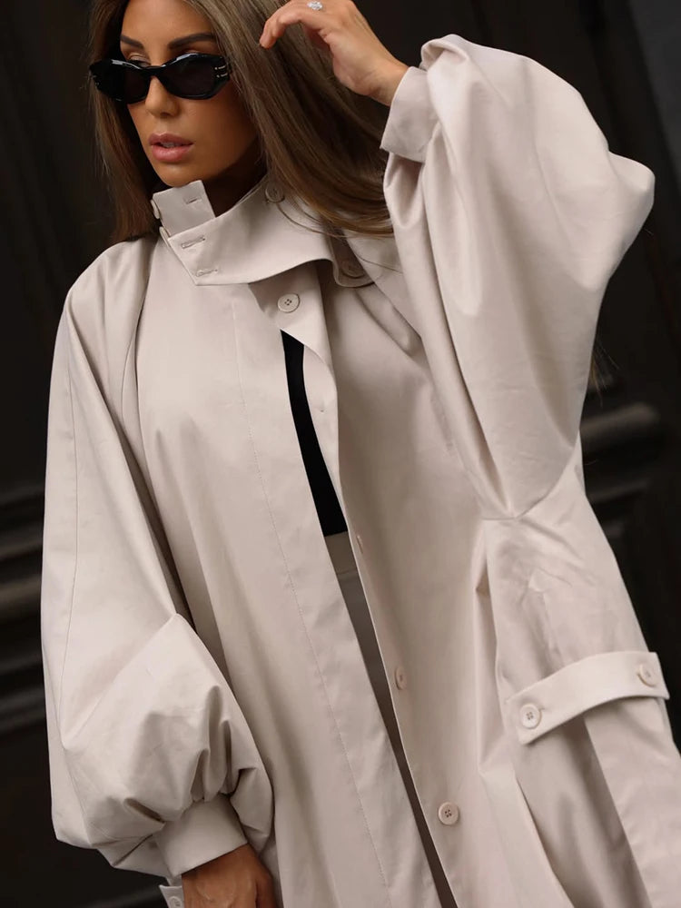 Women's Autumn Long Trench Coat Stand Collar Button Batwing Sleeves Side Slit Oversized Jacket Chic High Street Windproof Outfit