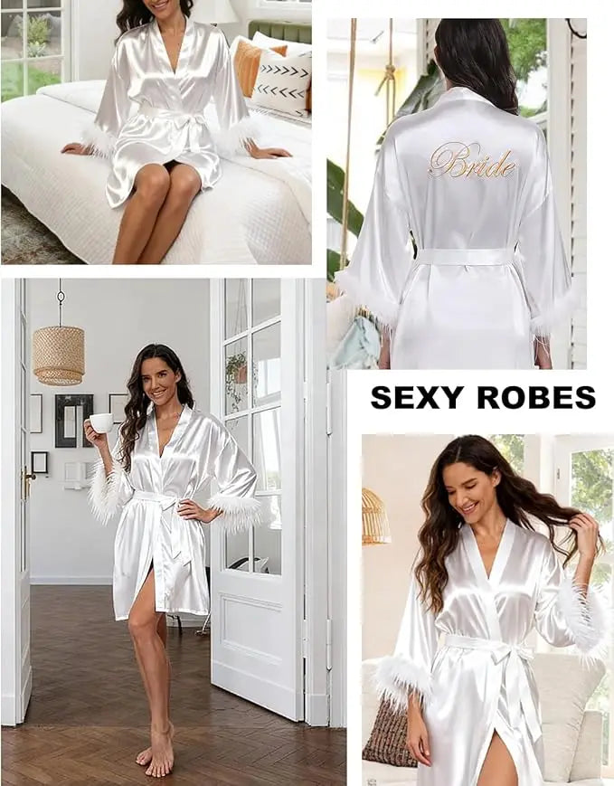 Vestidos De Novia Satin Kimono Women Short Robe Feather Sleeve Bride Wedding Dress Sexy Lingerie Pijama Mujer Bridesmids Gown