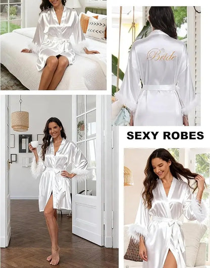 Vestidos De Novia Satin Kimono Women Short Robe Feather Sleeve Bride Wedding Dress Sexy Lingerie Pijama Mujer Bridesmids Gown
