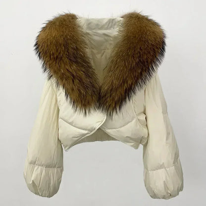 Winter Female White Duck Down Jacket Luxury Loose Short Fashion Casual Women Warm Real Fox Fur Coat Long Sleeve Puffer Jacket