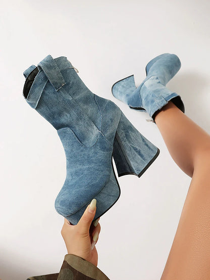 Microfiber Cow Pattern Slip On Short Boots Ultra-High Shaped Tapered Thick Heel Platform Denim Material Ankle Boots