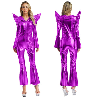 Women Vintage One Piece 70s Disco Dance Rompers Sleeveless Metallic Bell Bottom Flared Pants Jumpsuit for Retro Party Jazz Dance