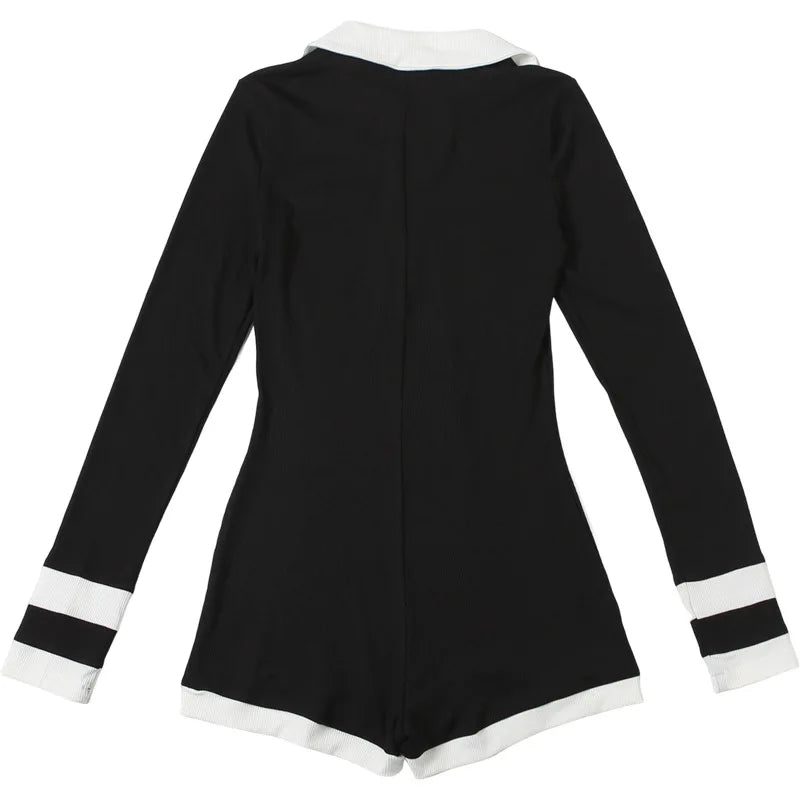 Color Patchwork Ribbed Skinny Playsuits 2025 Autumn Women Fashion Polo-neck Long Sleeve Buttons Slim Casual Rompers Streetwear