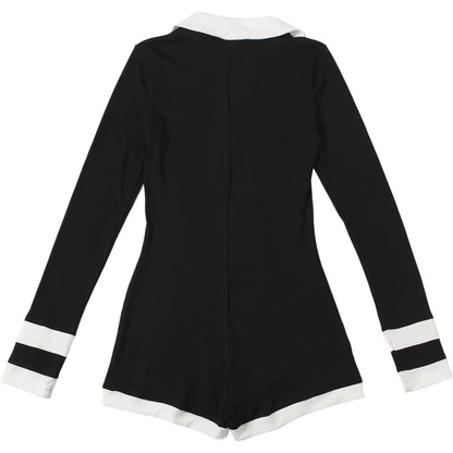 Color Patchwork Ribbed Skinny Playsuits 2025 Autumn Women Fashion Polo-neck Long Sleeve Buttons Slim Casual Rompers Streetwear