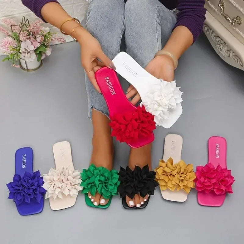 Women Flat Slippers 2026 Summer New Solid Color Sandals Flowers Open Toes Slippers Casual Fashionable Beach Shoes Slides Women