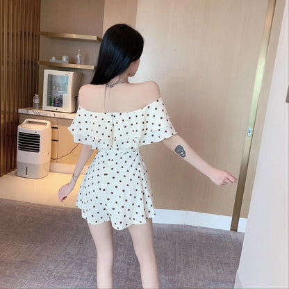 2025 Summer New Women Korean Off-shoulder Short Jumpsuit Female Chiffon Polka-dot Playsuits Ladies Short Sleeve Thin Rompers P73