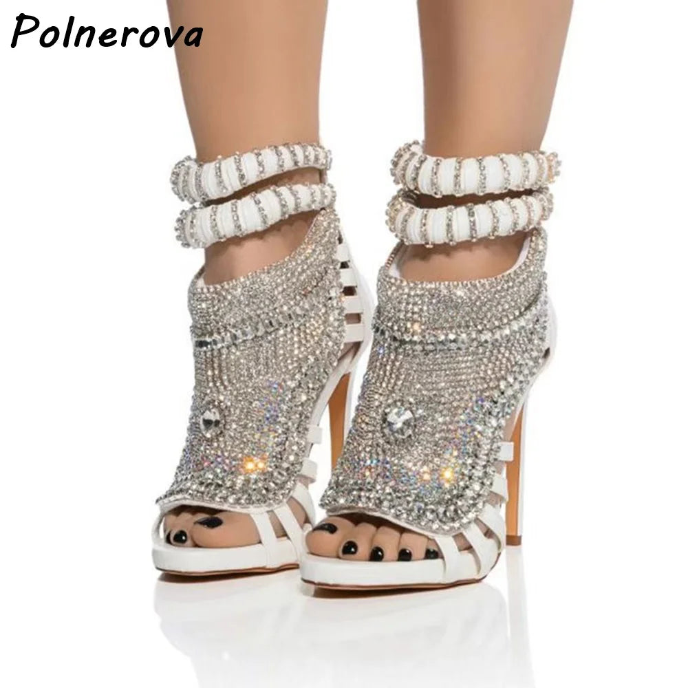 Pearl Ankle Band Sandals Peep Toe Ankle Band Hollow Narrow Band Shoes Women Back Zipper Summer Elegant Luxury Party Sexy Shoes