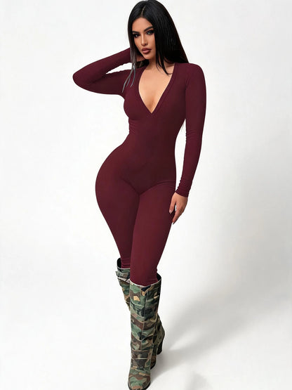 Women High Stretch Ribbed Knit Long Sleeve Jumpsuit Deep V Neck Slim Fit Tight Full Length Bodysuit Pants Casual Club Outfit
