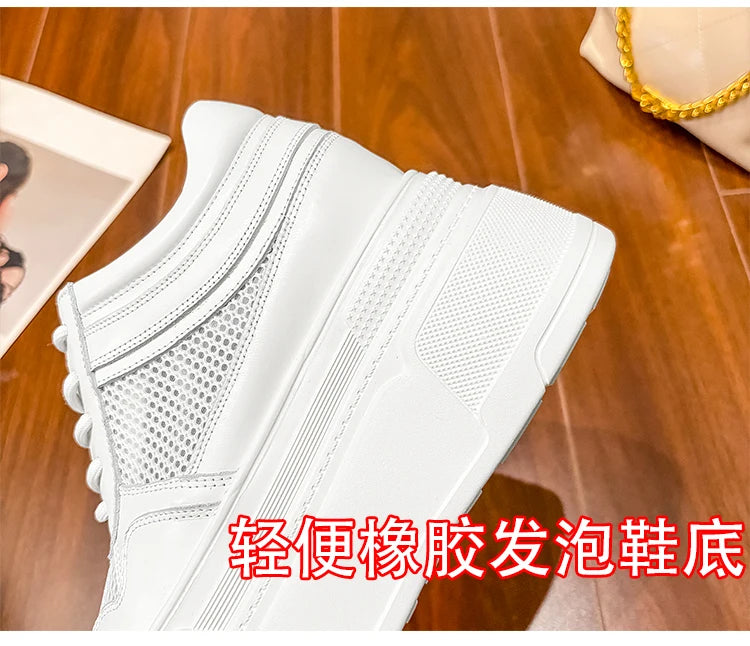 10-14cm Chunky Sneakers Women Platform Shoes Elevator Shoe White Mesh Breathable Sneakers Real Leather Increasing Shoes