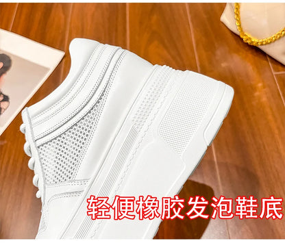 10-14cm Chunky Sneakers Women Platform Shoes Elevator Shoe White Mesh Breathable Sneakers Real Leather Increasing Shoes